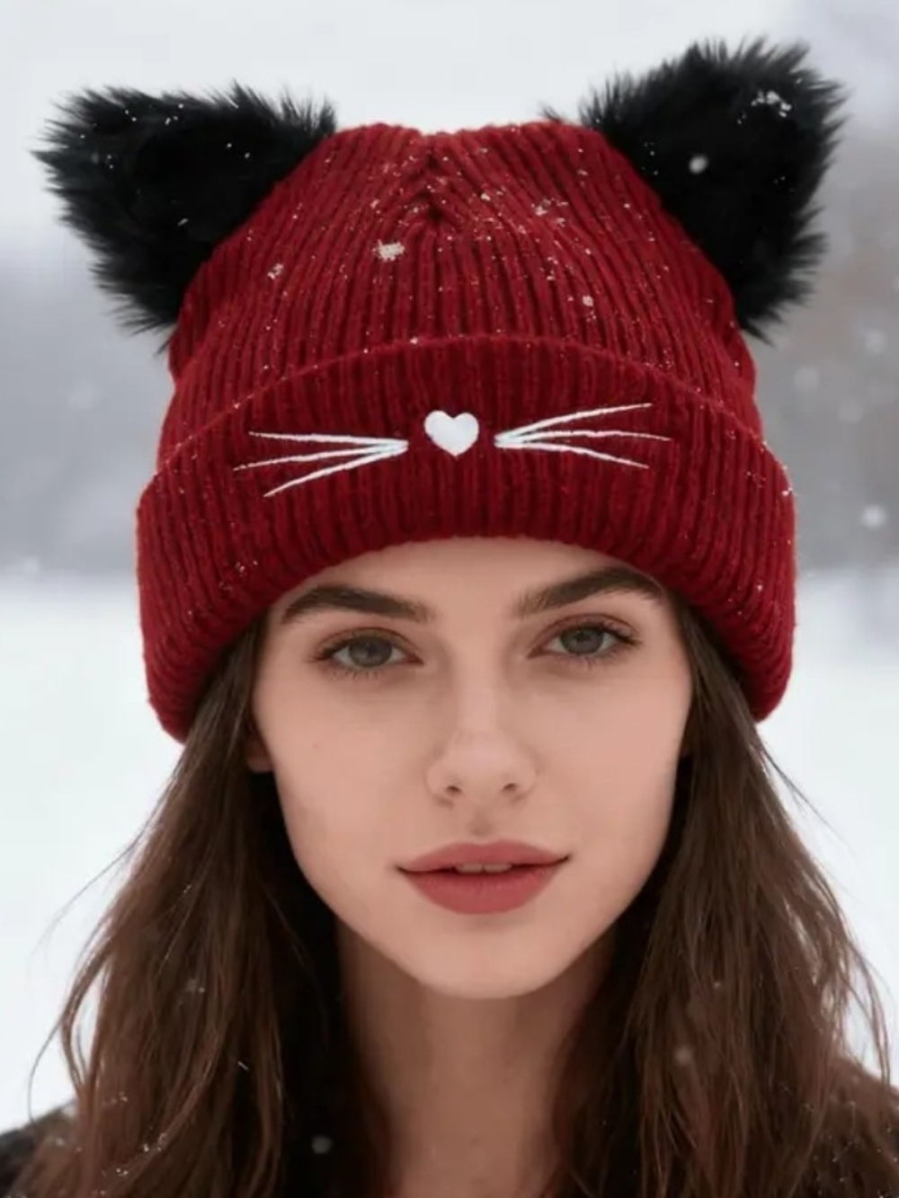 Red Cat Ear Pom Pom Beanie Hat - Cute Winter Knit for Women
